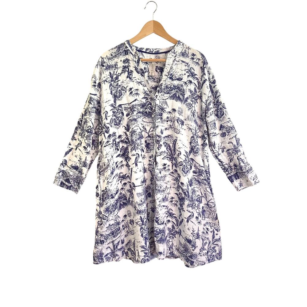 Joie Linen Tropical Toile Print A line Button Down Dress Pockets Large Coastal